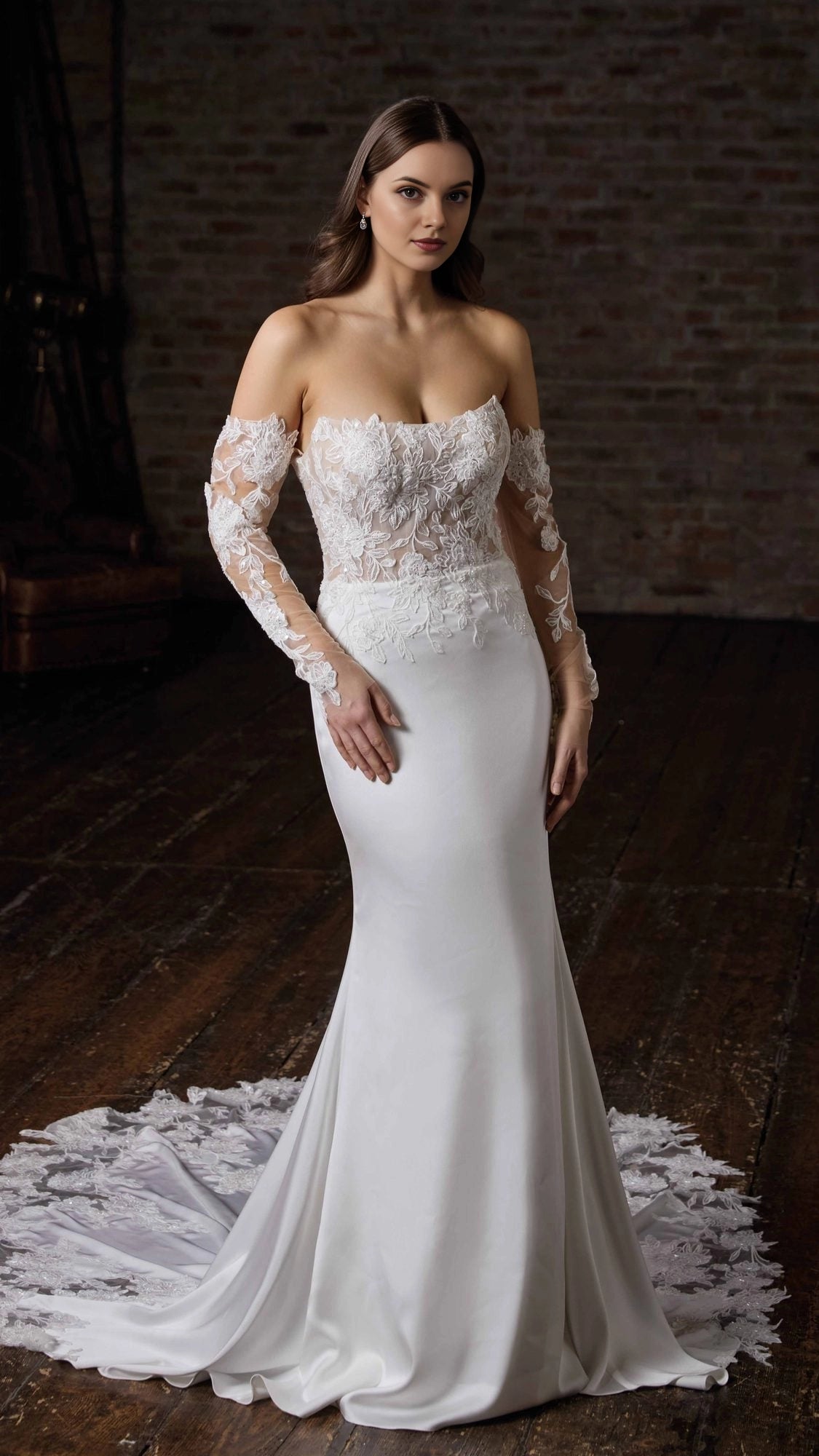 Vedress lace mermaid strapless off shoulder long sleeve wedding dress front view